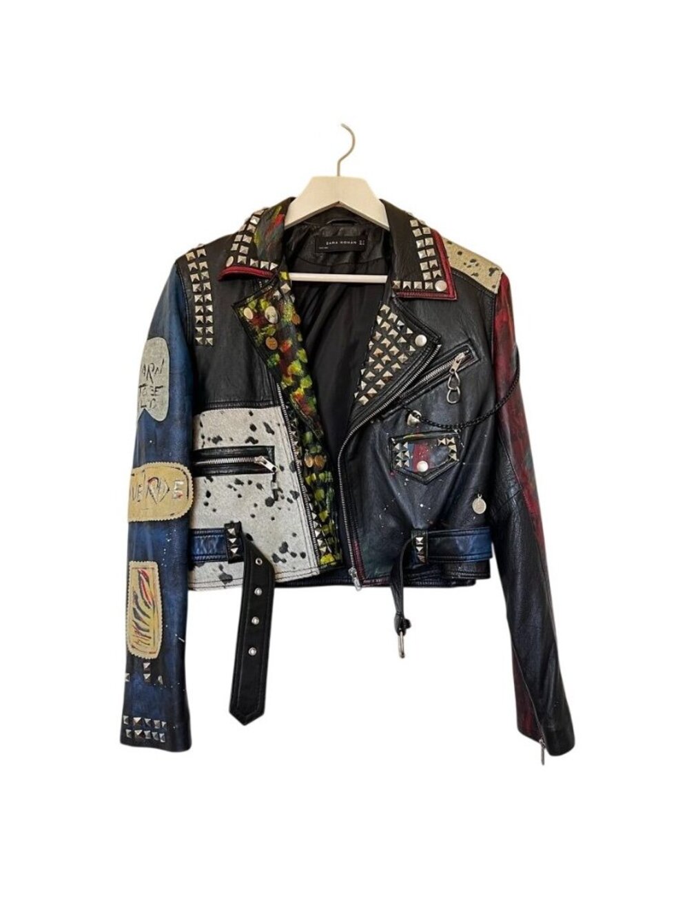 Zara Women M Ltd Edition Leather Battle Jacket Moto Studded Patchwork Cropped - Picture 6 of 16